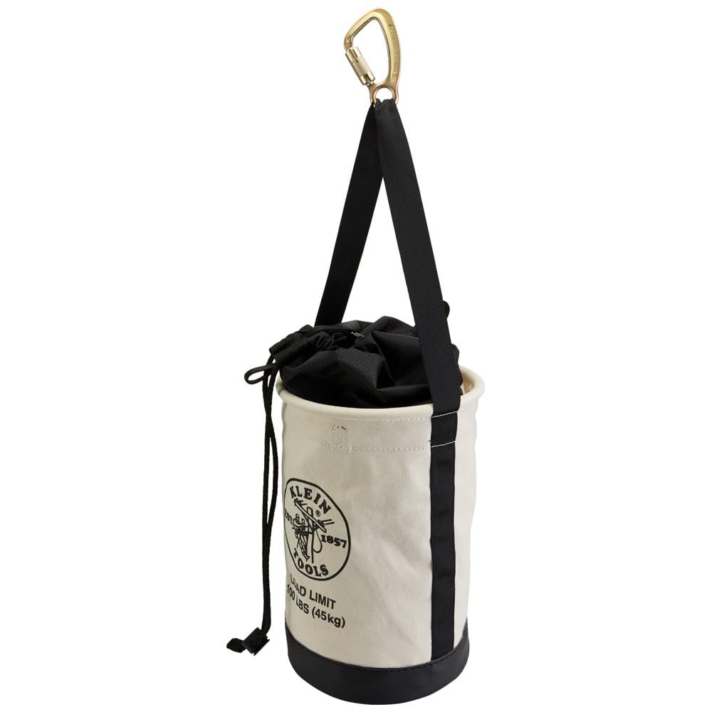 Klein Tools 5114DSC Canvas Bucket, Heavy Duty Drawstring Close Tool Bucket, 17-Inch with Leather Reinforced Bottoms, 100-Pound Load Rated