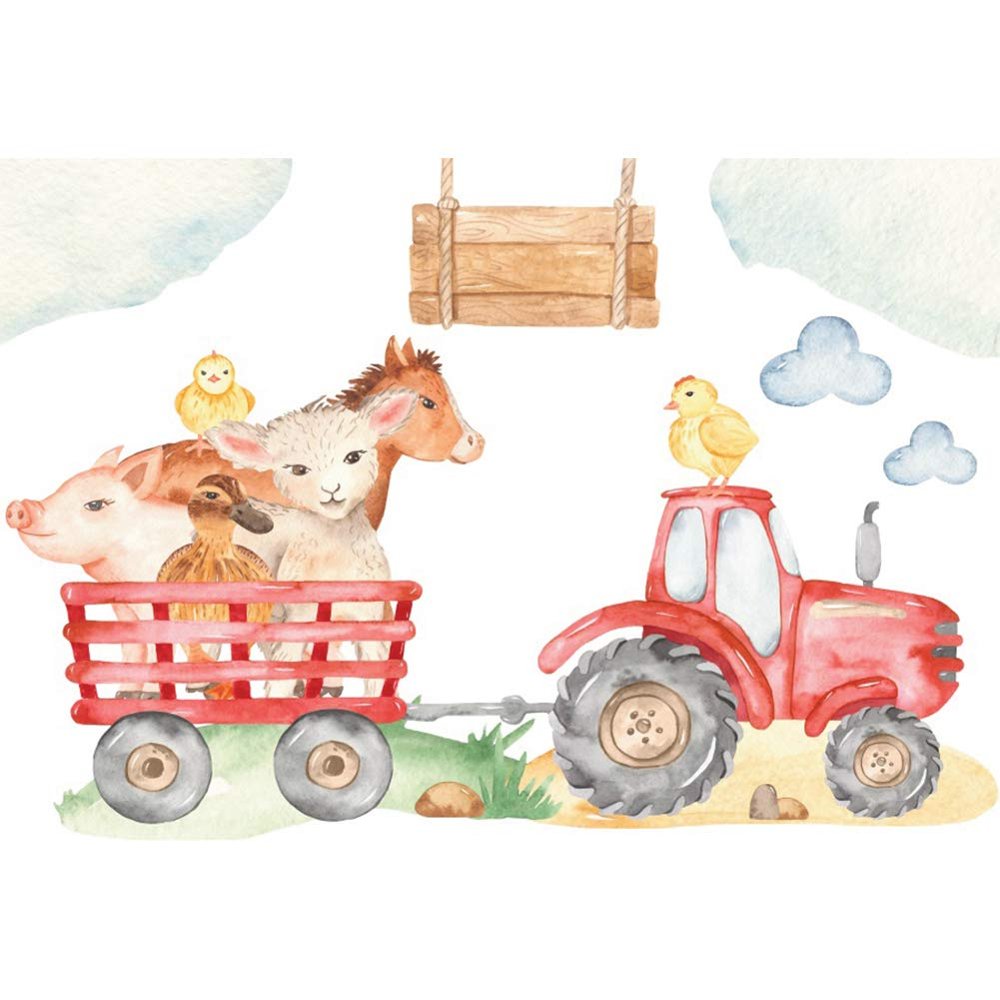 DORCEV 12x8ft Cartoon Animals Safari Party Photography Backdrop Farm Cute Pig Sheep Chick Horse Red Tractor Background Baby Shower Birthday Party Art Portraits Photo Studio Props