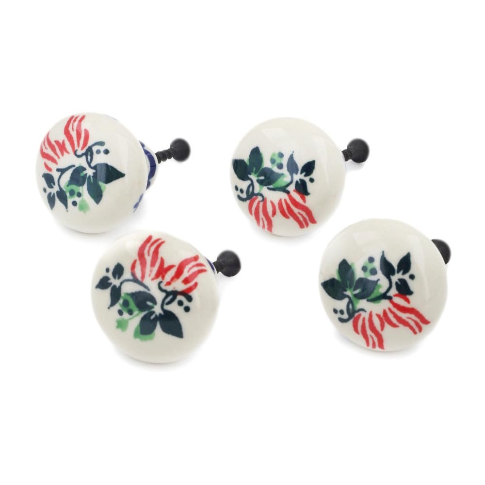 Polmedia Polish Pottery Set of 4 Drawer Pull Knobs 1-1/2 inch - Hanging Flowers Pattern Handmade in Boleslawiec Poland by Ceramika Artystyczna + Certificate of Authenticity
