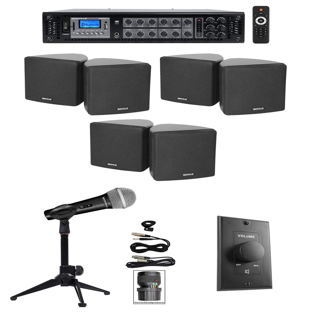 Rockville Commercial Audio Bundle: RCS350-6 350 Watt 6 Zone Amplifier, (3) Cube 3.5" Speakers, RDTS Mic Stand, RMC-XLR Microphone, VOL70100 Volume Controller, 7-Items