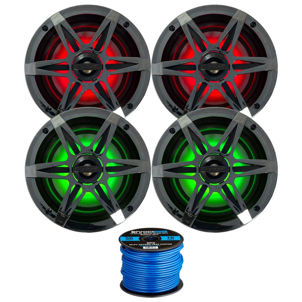 2 Pairs (Qty 4) of Enrock Marine 6.5" 4-Ohm 120 Watt Peak Power Waterproof 2-Way Coaxial Speakers with Multicolor LED Lighting - Bundle Combo with Chrome Grilles and 50Ft 16-Gauge Speaker Wire