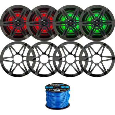 2 Pairs (Qty 4) of Enrock Marine 6.5" 120 Watt Peak Power Waterproof 2-Way Coaxial Speakers with Multicolor LED Lighting - Bundle Combo with Chrome/Charcoal Grilles and 50Ft 16-Gauge Speaker Wire