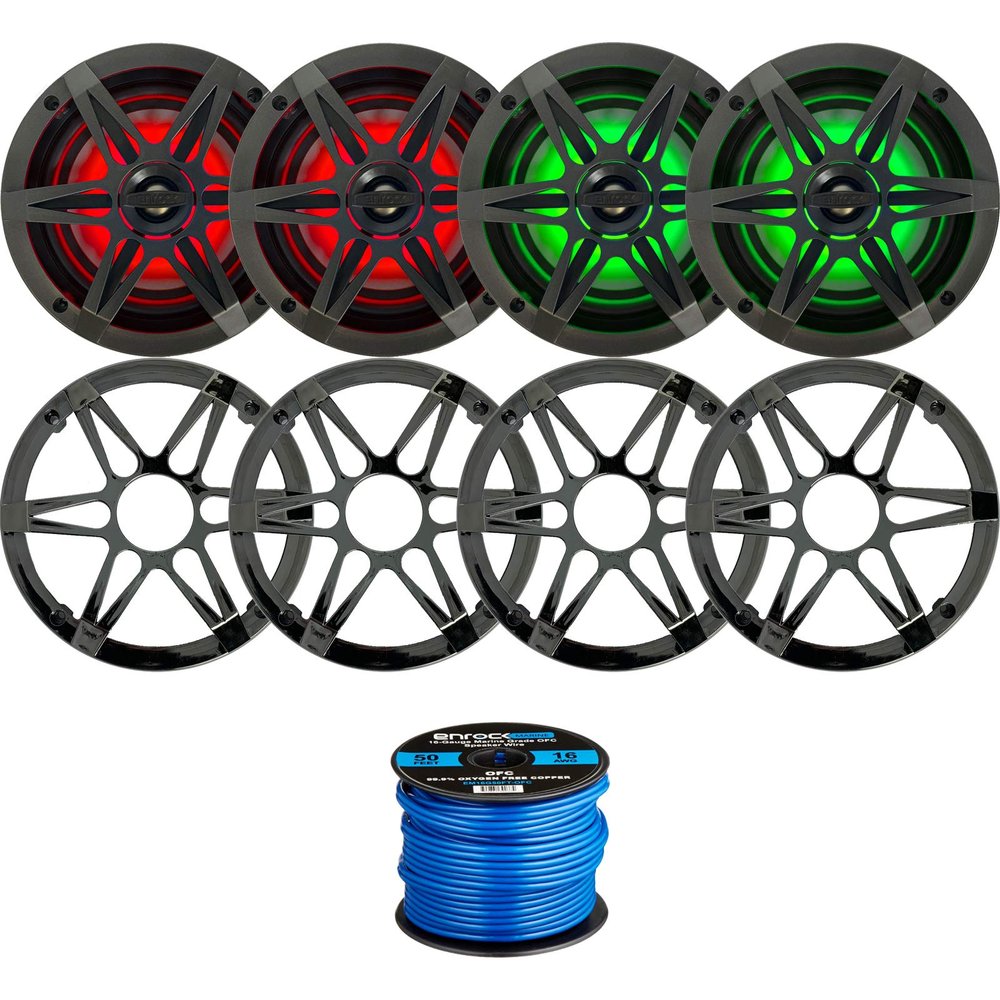 2 Pairs (Qty 4) of Enrock Marine 6.5" 120 Watt Peak Power Waterproof 2-Way Coaxial Speakers with Multicolor LED Lighting - Bundle Combo with Chrome/Charcoal Grilles and 50Ft 16-Gauge Speaker Wire