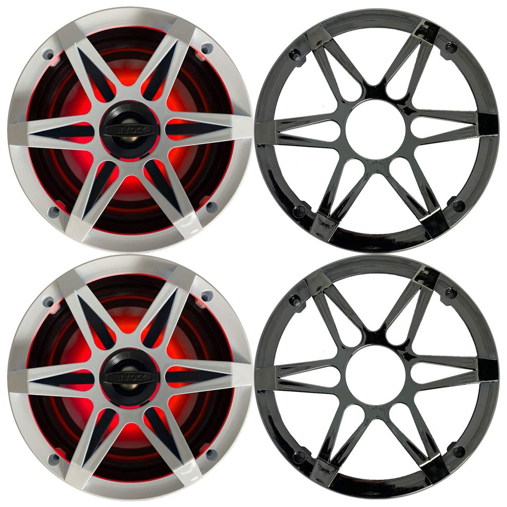 1 Pair (QTY 2) of Enrock Marine 6.5" 4-Ohm 120 Watt Peak Power Waterproof 2-Way Coaxial Speakers with MultiColor LED Lighting - Bundle Combo with Chrome and White Grilles