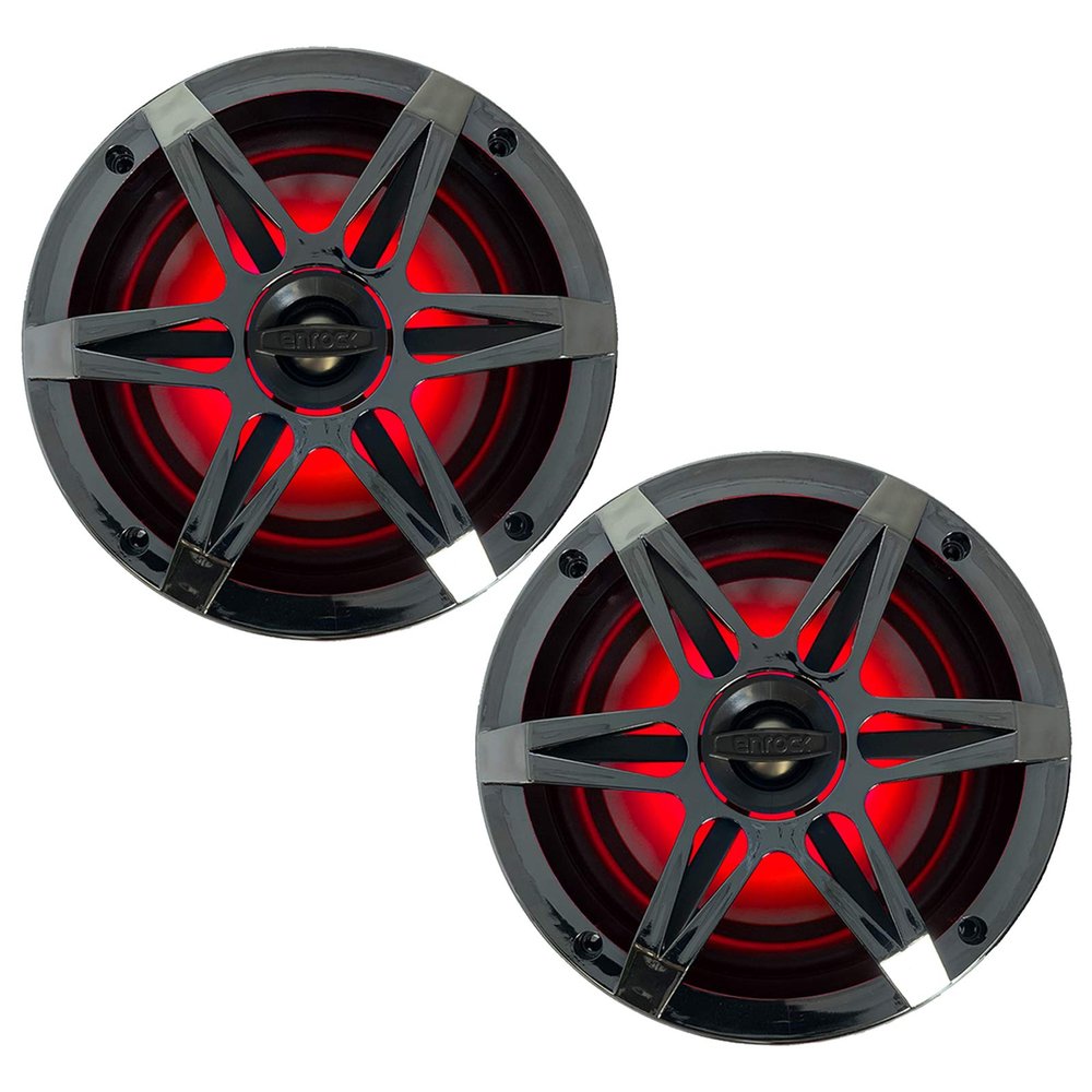 1 Pair (Qty 2) of Enrock Marine 6.5" 4-Ohm 120 Watt Peak Power Waterproof 2-Way Coaxial Speakers with Multicolor LED Lighting - Bundle Combo with Chrome Grilles