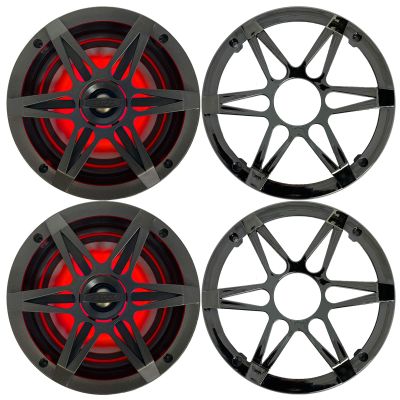 1 Pair (Qty 2) of Enrock Marine 6.5" 4-Ohm 120 Watt Peak Power Waterproof 2-Way Coaxial Speakers with Multicolor LED Lighting - Bundle Combo with Chrome and Charcoal Grilles