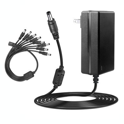 12V 3A Power Supply with 8 Way 8-Way Power Splitter Cable, LeTaoXing AC 100-240V to DC 12V 36W Adapter Transformer 12V/3A 8CH Splitter Bundle Cord for Security Camera Surveillance System