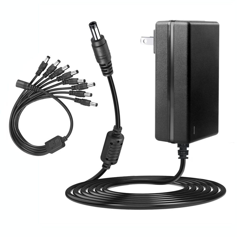 12V 3A Power Supply with 8 Way 8-Way Power Splitter Cable, LeTaoXing AC 100-240V to DC 12V 36W Adapter Transformer 12V/3A 8CH Splitter Bundle Cord for Security Camera Surveillance System
