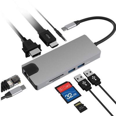 BSD Dual Monitor Docking Station, 9-in-1 USB C to HDMI VGA Hub Adpater Display for Window Laptop with Dual HDMI, VGA, 2 USB 3.0, USB-C PD and SD/TF 3.0 MicroSD Slot.