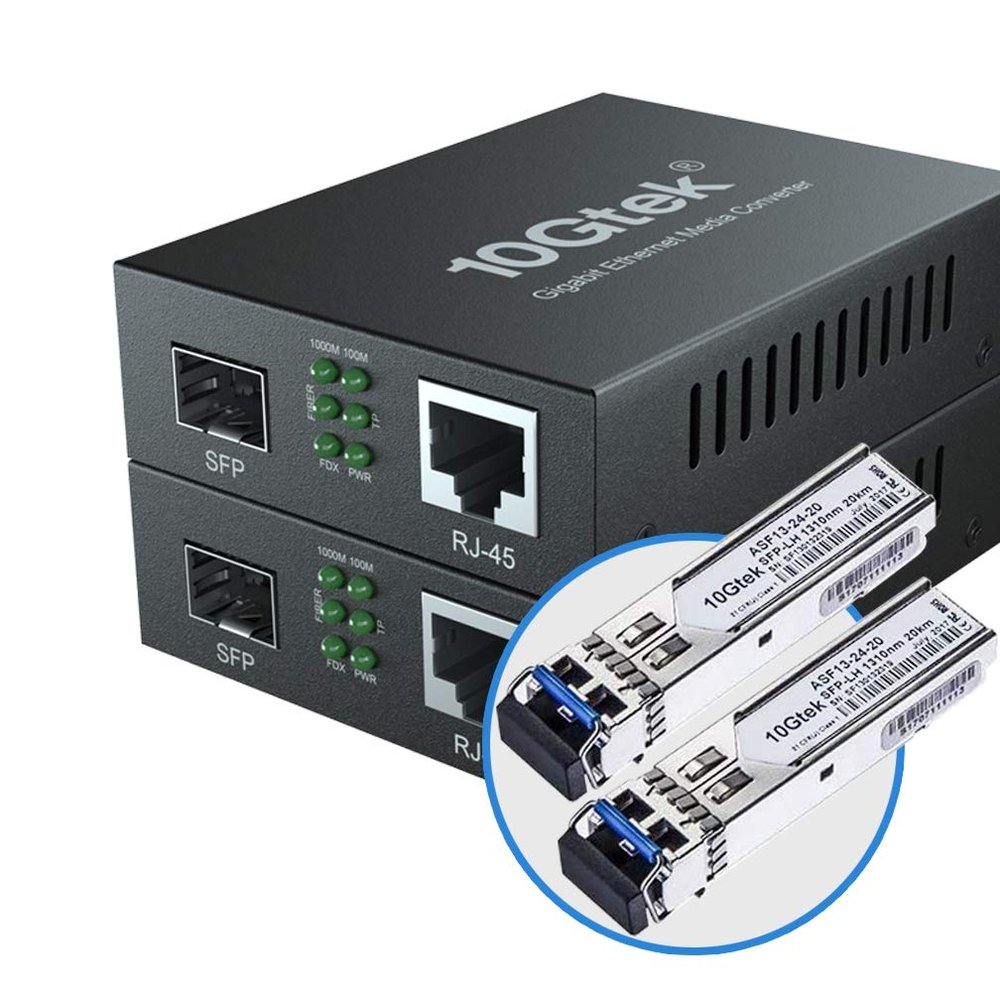 10Gtek Gigabit Ethernet Media Converter, SingleMode Dual LC Fiber to Ethernet RJ45 Converter for 10/100/1000Base-Tx to 1000Base-LX, UL Certified, 1310-nm, up to 20-km, Pack of 2