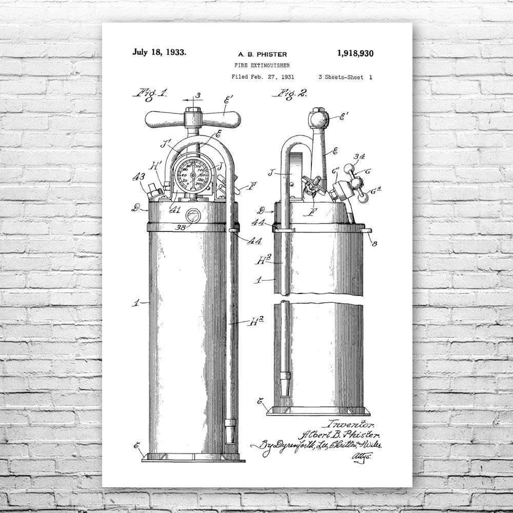 Fire Extinguisher 1933 Poster Print, First Responder, Volunteer Fireman, Firefighter Gift, Firehouse Decor, Fireman Gift Black & White (18 inch x 24 inch)