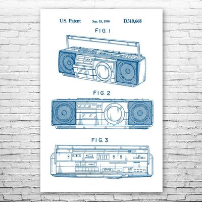 Boombox Tape Player Poster Print, Boombox Art, Radio Dj Gift, Music Art, Hip Hop Gift, Stereo Wall Art, Music Studio Art Blue & White (24 inch x 36 inch)