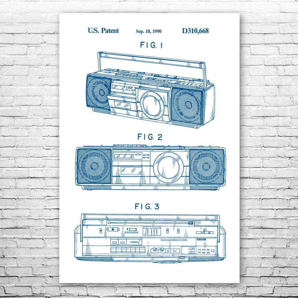 Boombox Tape Player Poster Print, Boombox Art, Radio Dj Gift, Music Art, Hip Hop Gift, Stereo Wall Art, Music Studio Art Blue & White (12 inch x 18 inch)