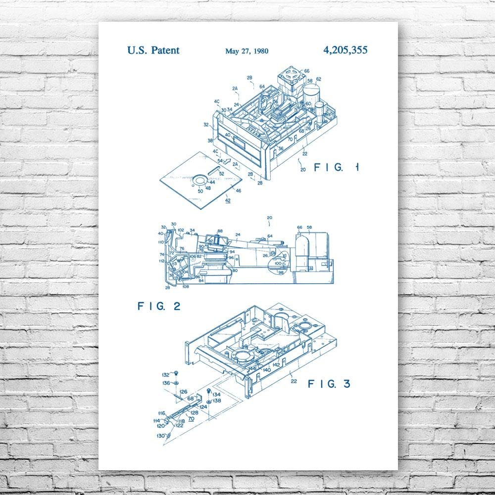 Floppy Disk Drive Poster Print, Computer Science Art, Programmer Gift, Disk Drive Art Print, Computer Lab Art Blue & White (24 inch x 36 inch)