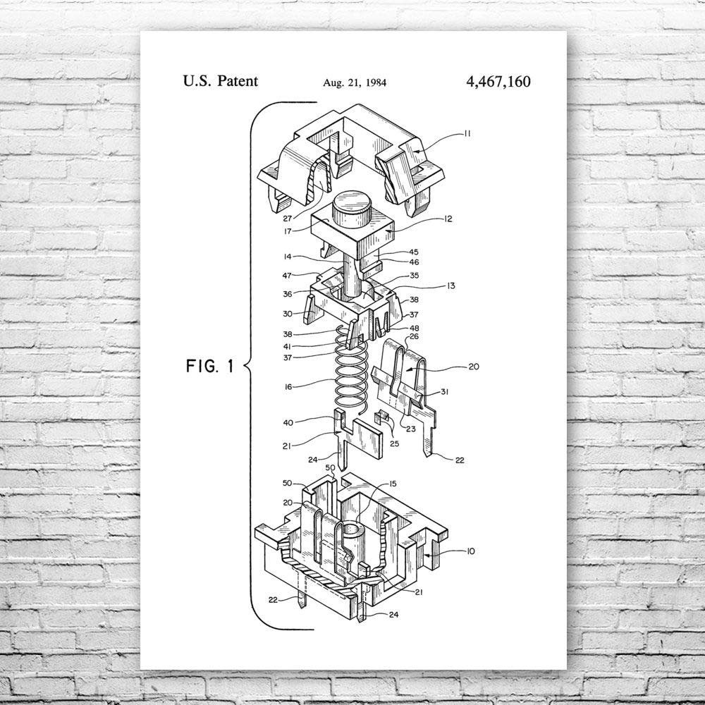 Cherry MX Keyboard Switch Poster Print, Computer Lab Art, Programmer Gift, Hardware Wall Art, IT Tech Gift, Patent Print Black & White (18 inch x 24 inch)