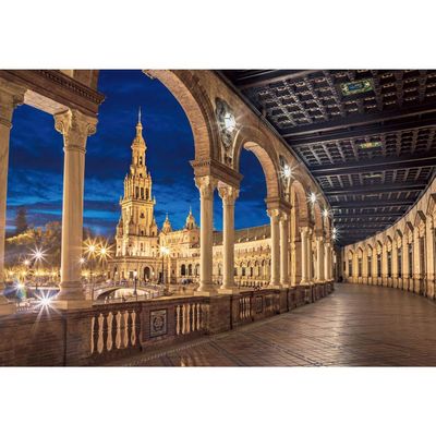 DORCEV 10x8ft Spain Square Backdrop Palatial Plaza Sevilla Spain Night Landscape Photography Background Virgin Mary Church World Travel Kids Adults Portraits Photo Studio Props