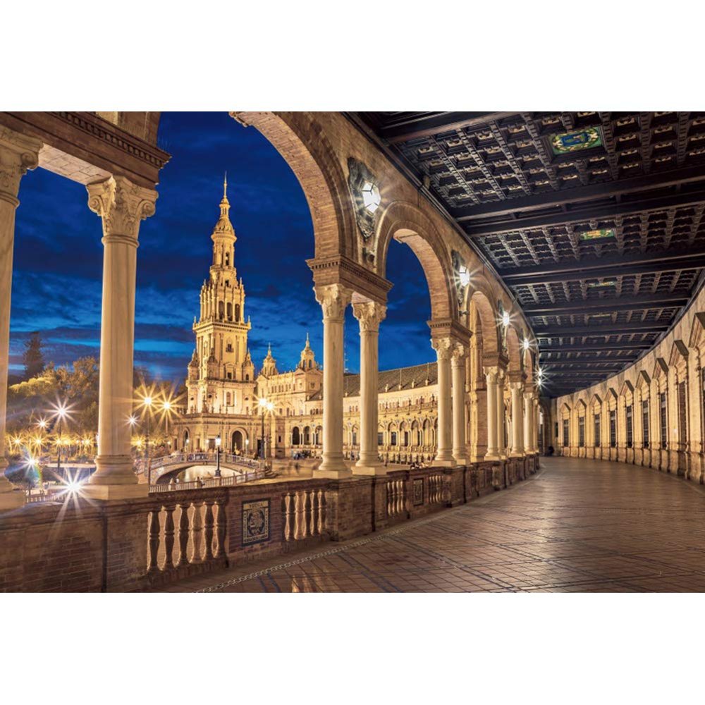 DORCEV 10x8ft Spain Square Backdrop Palatial Plaza Sevilla Spain Night Landscape Photography Background Virgin Mary Church World Travel Kids Adults Portraits Photo Studio Props