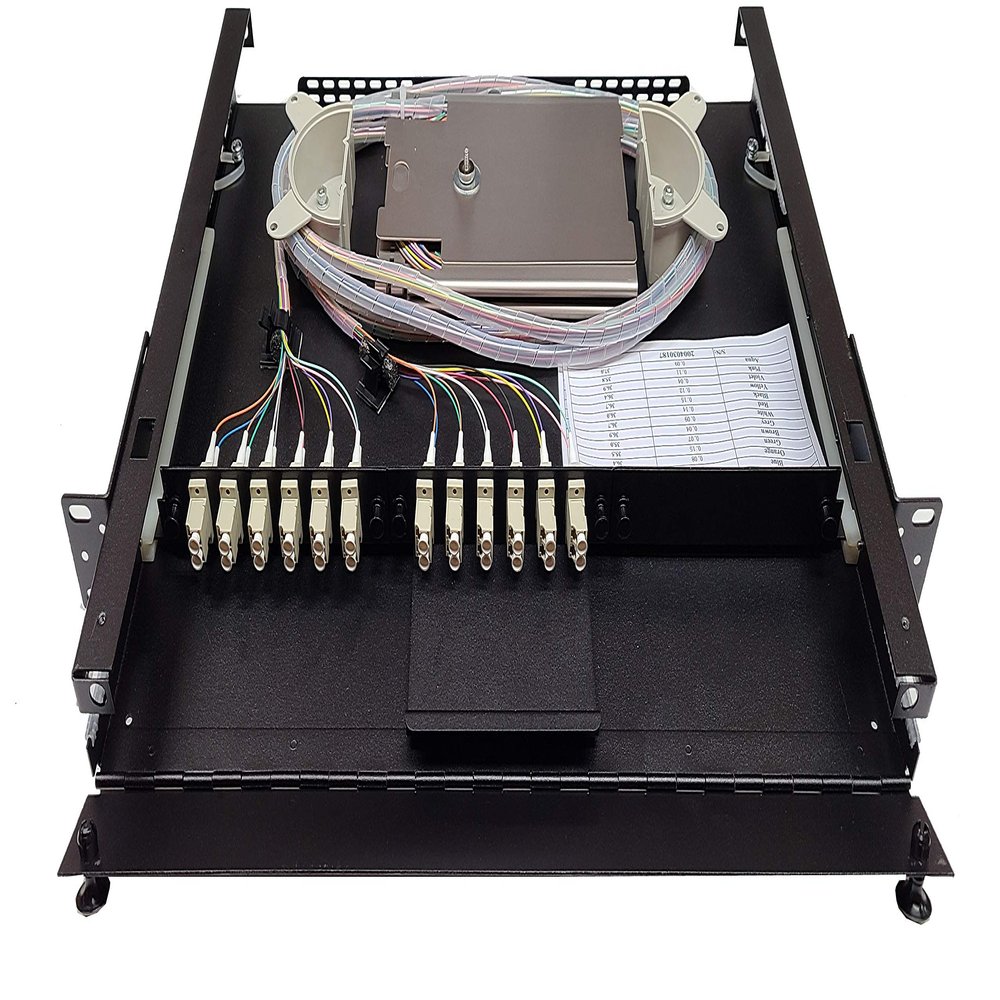 19" 1RU Rack Mount, Steel, 24 Fiber LC/OM1 (Beige) Adapters, 3 Meter 62.5/125 Pigtails, 2x12f Splice Tray
