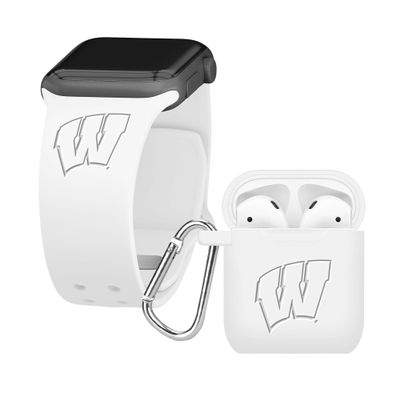 Affinity Bands Wisconsin Badgers Engraved Silicone Combo Package Compatible with Apple Watch and AirPods Gen 1 & 2 (42/44/45/49mm (46mm Series 11) White)