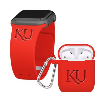 Affinity Bands Kansas Jayhawks Engraved Silicone Combo Package Compatible with Apple Watch and AirPods Gen 1 & 2 (42/44/45/49mm (46mm Series 11) Red)
