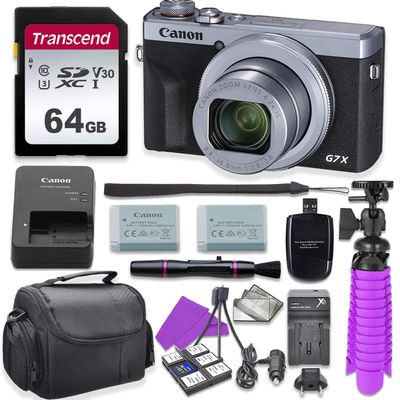 Canon PowerShot G7 X Mark III Digital Camera (Silver) with 64GB U3 SD Memory Card + Replacement Battery + Accessory Bundle (Renewed)