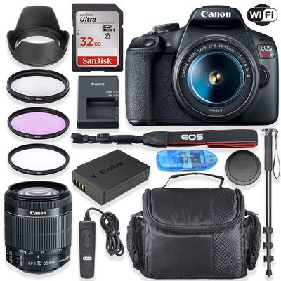 Canon EOS Rebel T7 DSLR Camera with Canon EF-S 18-55mm is II Lens + 32GB SanDisk Memory Card with Photo Camera Bag and Accessory Bundle (Renewed)