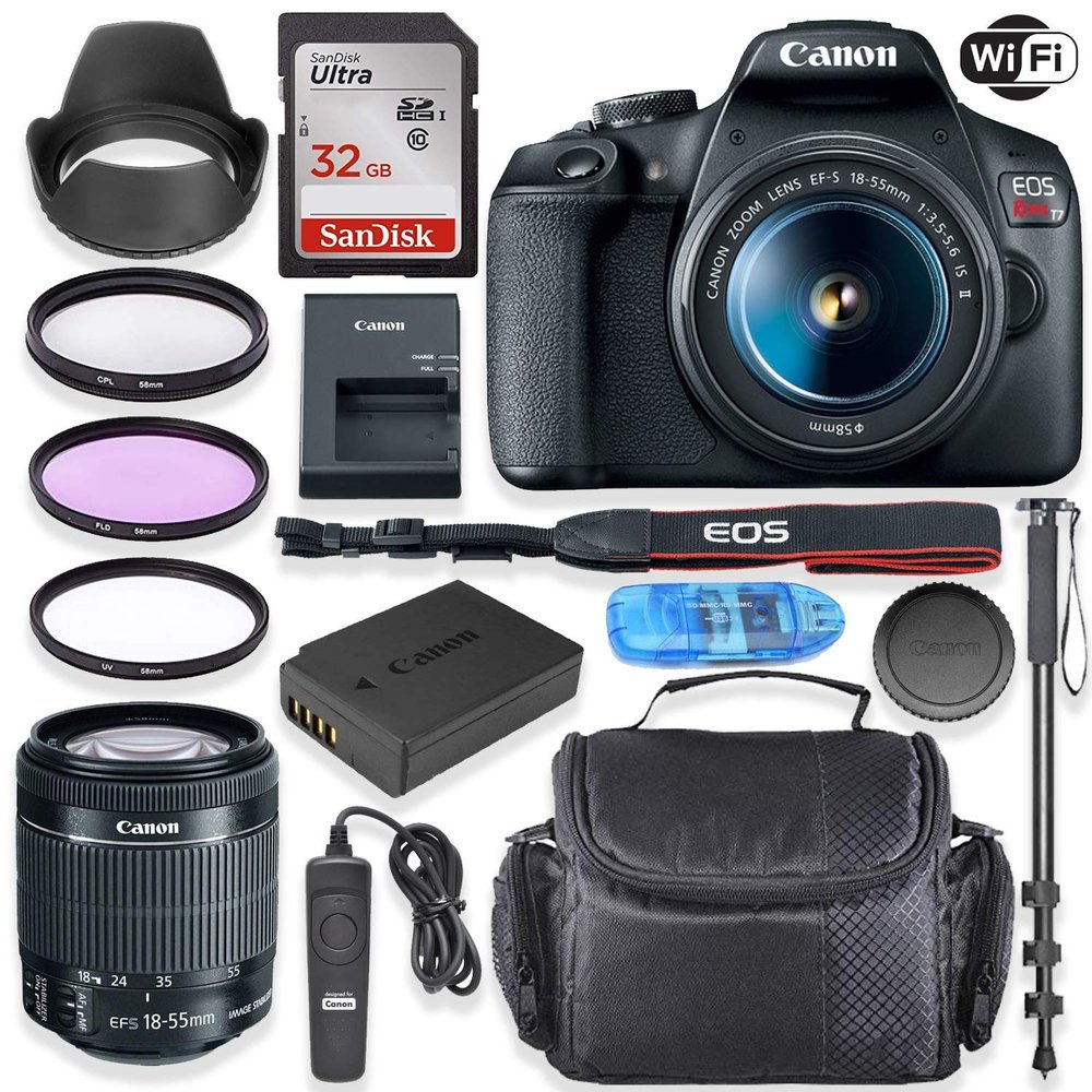Canon EOS Rebel T7 DSLR Camera with Canon EF-S 18-55mm is II Lens + 32GB SanDisk Memory Card with Photo Camera Bag and Accessory Bundle (Renewed)