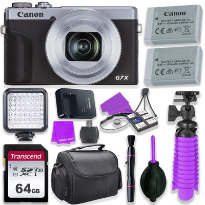 Canon PowerShot G7 X Mark III Camera w/ 1 Inch Sensor & 4k Video - Wi-Fi & Bluetooth Enabled (Silver) & LED Video Light, 64GB Transcend Memory Card, Extra Battery + Accessory Bundle (Renewed)