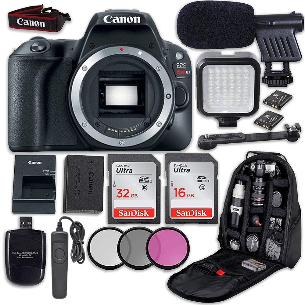 Canon EOS Rebel SL2 DSLR Camera (Body Only) + LED Light + Microphone + Video Accessory Bundle (Renewed)