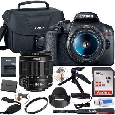 Canon EOS Rebel T7 DSLR Camera with 18-55mm Lens + Canon Shoulder Bag + 32GB Sandisk Memory Card + Grip Steady Tripod + Grip Strap + Wired Remote Control + Lens Tulip Hood & More. (Renewed)