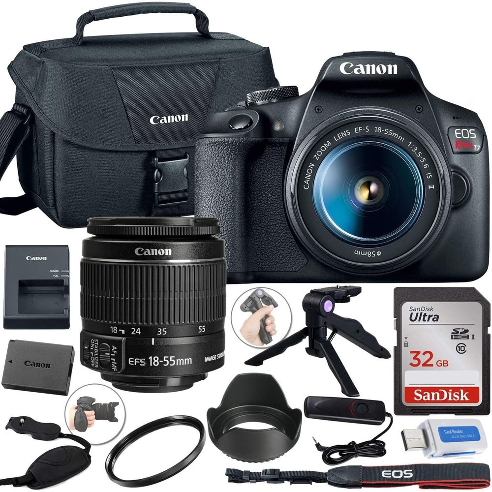 Canon EOS Rebel T7 DSLR Camera with 18-55mm Lens + Canon Shoulder Bag + 32GB Sandisk Memory Card + Grip Steady Tripod + Grip Strap + Wired Remote Control + Lens Tulip Hood & More. (Renewed)