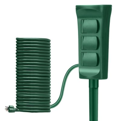 BESTTEN Outdoor Power Stake with 30ft Ultra Long Extension Cord, 3-Outlet Power Strip with Weatherproof Protective Covers, ETL Listed, Green