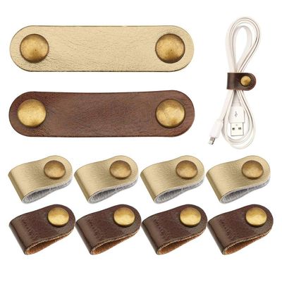 10 Pcs Cord Organizer, Portable Leather Cable Cord Stocking Stuffers for Men USB Straps Earphone Winder with Leather Handmade (Brown/white)