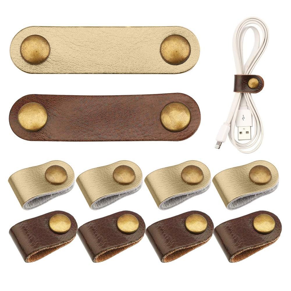 10 Pcs Cord Organizer, Portable Leather Cable Cord Stocking Stuffers for Men USB Straps Earphone Winder with Leather Handmade (Brown/white)