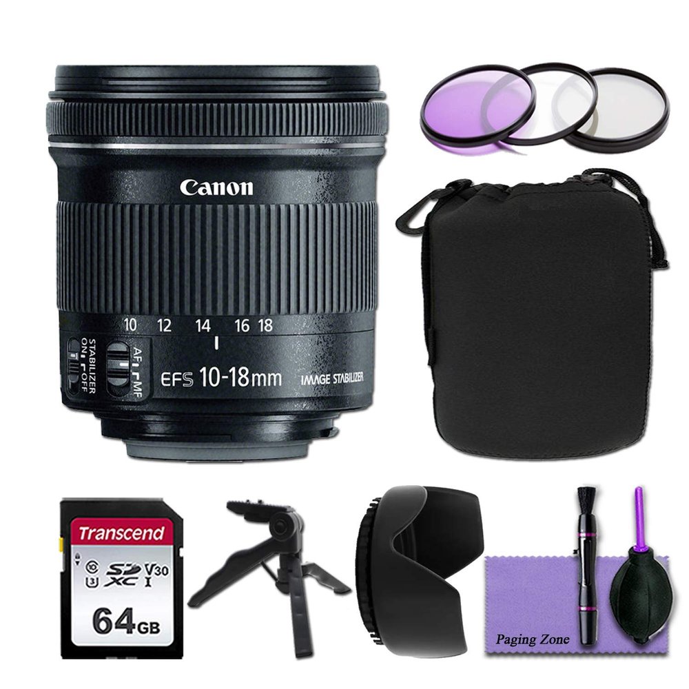 Canon EF-S 10-18mm f/4.5-5.6 is STM Wide Angle Lens w/Deluxe Photo Bundle - Includes : Commander Optics 67mm Filter Kit, 64GB Transcend Memory Card, Neoprene Lens Pouch and More (Renewed)