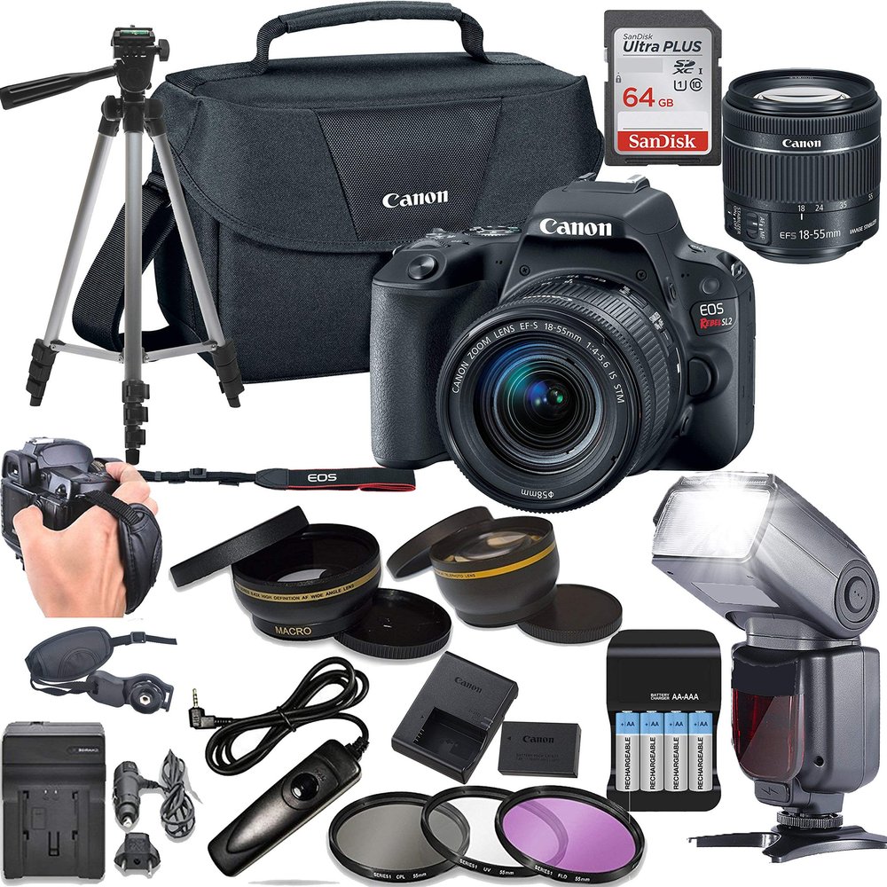 Canon EOS Rebel SL2 DSLR Camera w/ 18-55mm Lens + LCD Display TTL Flash + Stabilizing Wrist Grip + 64GB Memory + Canon Case + Tripod + Remote + More - Professional Bundle (Renewed)