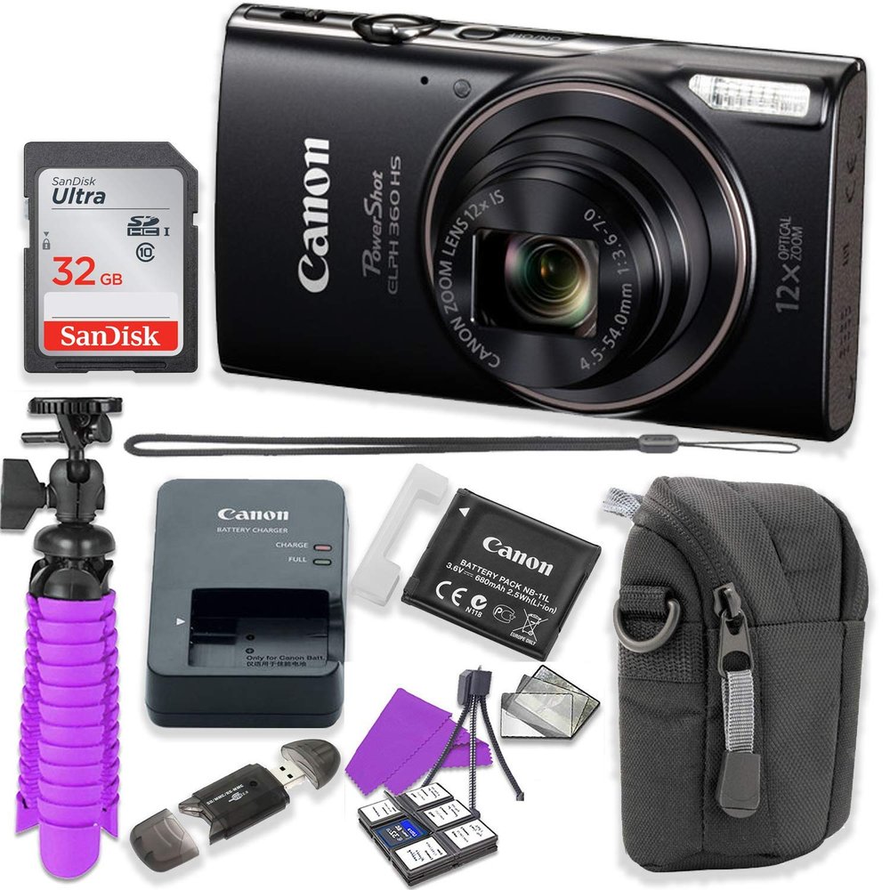Canon PowerShot ELPH 360 HS Digital Camera (Black) Accessory Bundle with Flexible Spider Tripod, 32GB Memory, Camera Case and More. (Renewed)