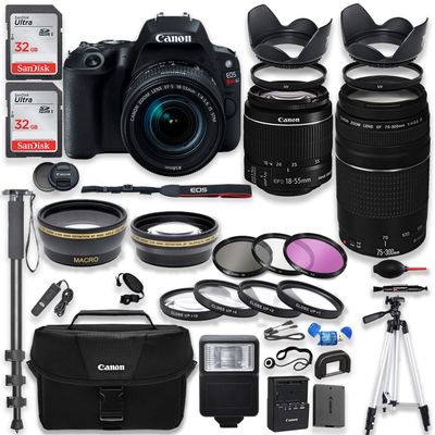 Canon EOS Rebel SL2 DSLR Camera with Canon 18-55mm is STM Lens & 75-300mm III Lens Kit + Canon Case + 64GB Memory + Filters + Macros + Monopod + 50" Tripod + Professional DSLR Bundle (Renewed)