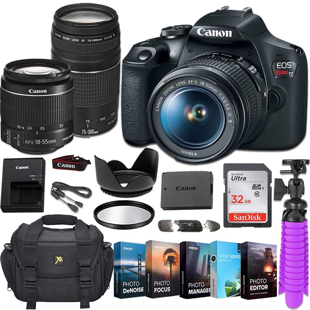Canon EOS Rebel T7 DSLR Camera w/ 2 Canon Lenses (18-55mm f/3.5-5.6 is II and EF 75-300mm f/4-5.6 III)+ Photo/Video Editing Software & Deluxe Accessory Kit (Renewed)