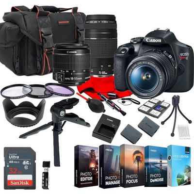 Canon EOS Rebel T7 EF-S 18-55mm + EF 75-300mm Double Zoom KIT W/Photo Editing Software + Accessory Bundle (Renewed)