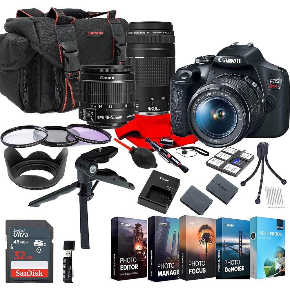 Canon EOS Rebel T7 EF-S 18-55mm + EF 75-300mm Double Zoom KIT W/Photo Editing Software + Accessory Bundle (Renewed)