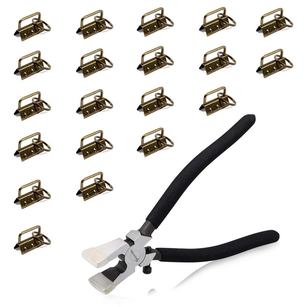 SPEEDWOX Key Fob Pliers Glass Breaking Pliers Tools 20 Pcs 1.25 Inch Key Fob Hardware with Split Rings Antique Brass Webbing Fabric Crafts Wristlet Set with Rubber Tips