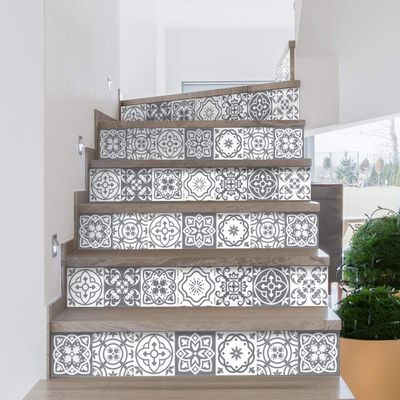 Ambiance Sticker Berto Stair Sticker | White Geometric Modern Staircase Tile Sticker 2 Strips x 15 x 105 cm Vinyl, Waterproof, Odour Resistant, For Wood Surfaces
