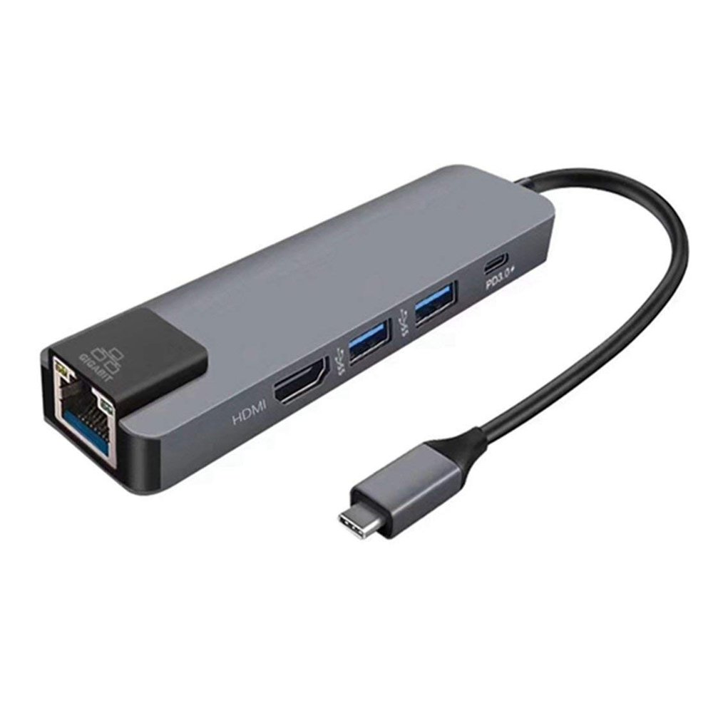 5 in 1 Multifunctional USB Type C Hub Hdmi 4K USB C Hub to Gigabit Ethernet Rj45 Lan Adapter 3 USB-C Charger;gray Candybarbar