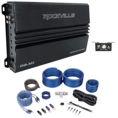 Rockville Car Audio Bundle: RVA-M3 V2 4000w Peak Mono Car Amplifier with Wired Remote, RWK41 4-Gauge Complete Amp Installation Kit, 2-Items