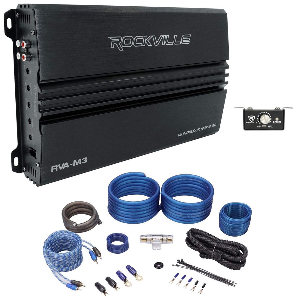 Rockville Car Audio Bundle: RVA-M3 V2 4000w Peak Mono Car Amplifier with Wired Remote, RWK41 4-Gauge Complete Amp Installation Kit, 2-Items