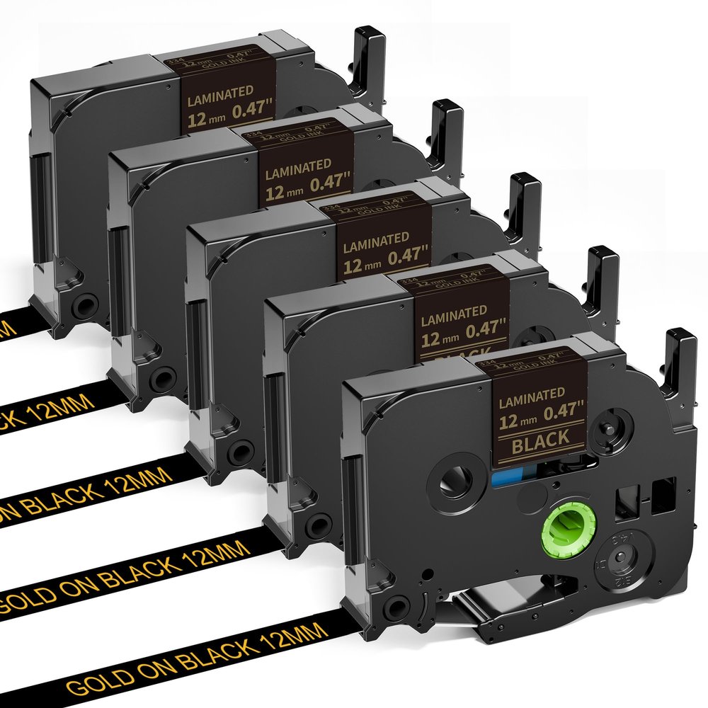 Replacement for Brother Label Maker Tape Gold on Black 12mm 0.47" P Touch Label Tape Gold TZe-334 TZe334, Compatible with Brother Label Maker PT-D220 PT-H110 PT-D210 PT-D400 PT-P710BT PT-D200, 5-Pack