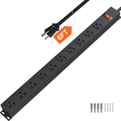 CFMASTER 10 Outlet Power Strip 6FT Long Extension Cord Heavy Duty Power Strip Wall Mount Outlet Metal for Kitchen,Office,School,Garage,Workshop,Industrial,125V/15A/1825W,Black(6FT)