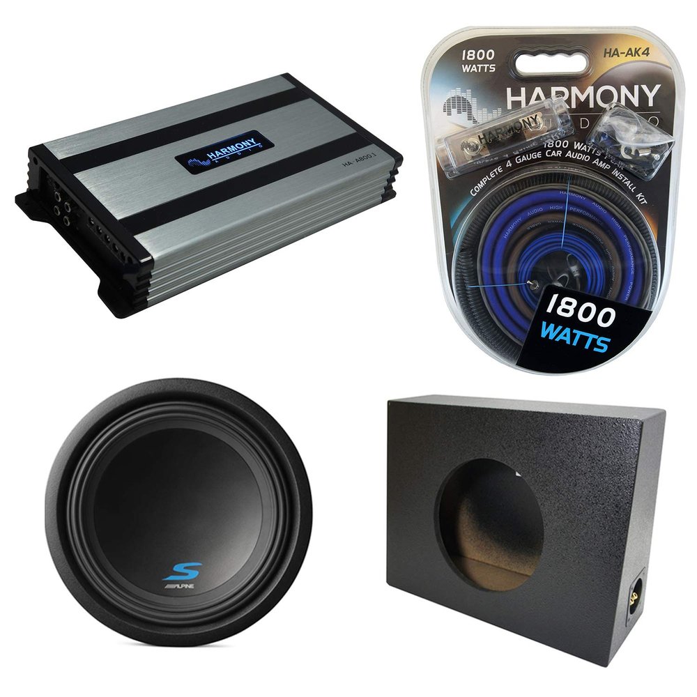 Harmony Audio Universal Regular Standard Cab Truck Alpine Bundle Type S S-W12D4 Single 12" Rhino Coated Sub Box Enclosure with Harmony HA-A800.1 Amplifier & 4GA Amp Kit