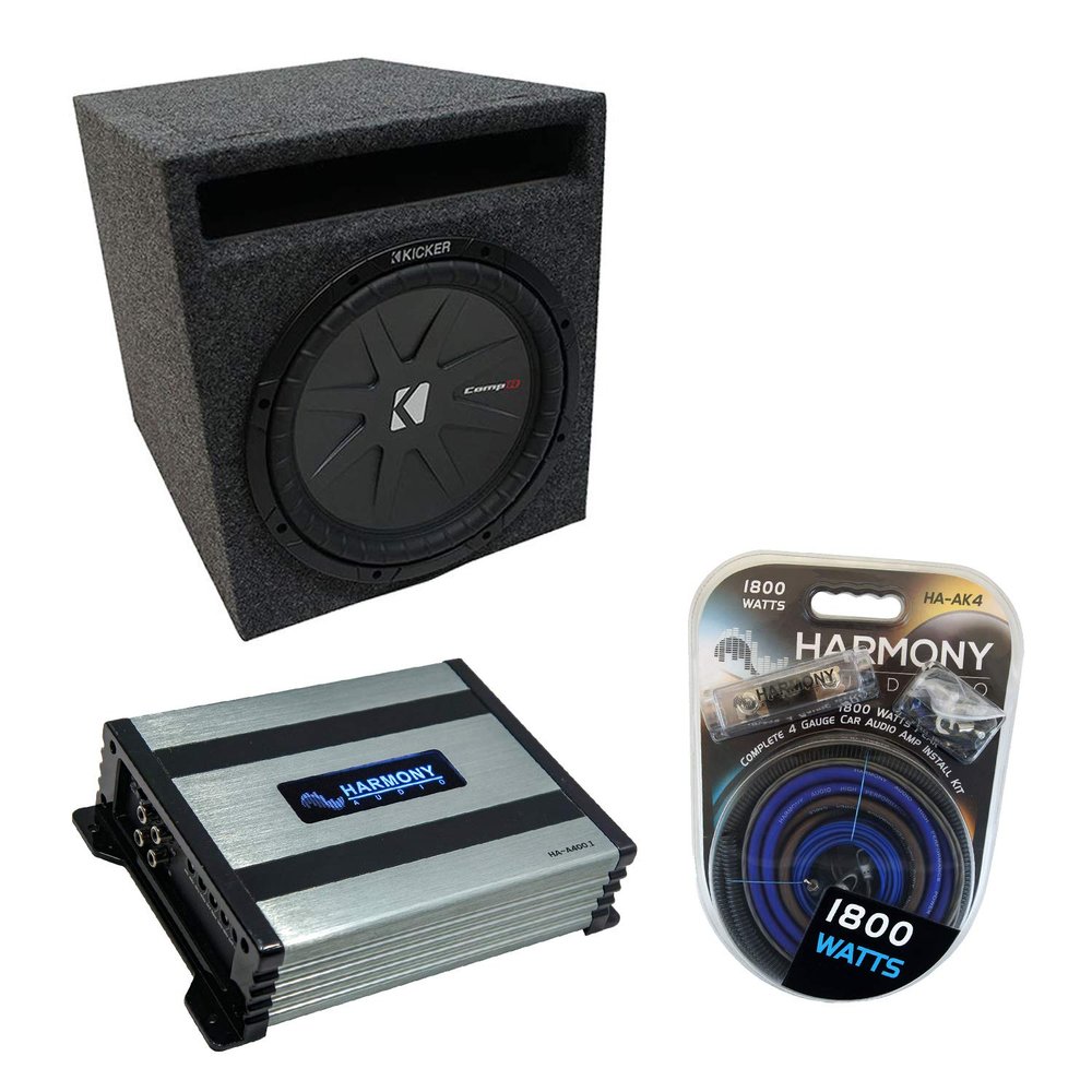 Harmony Audio Universal Car Stereo Slotted S Port Single 8" Kicker Bundle CompR CWR8 Loaded Sub Box Bundle with HA-A400.1 Amp & Install Kit
